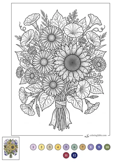 September Bouquet with Sunflower, Daisies, and Morning Glories — color by number