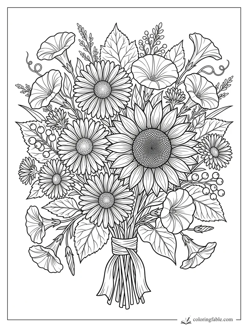 Floral September bouquet coloring page with sunflower, daisies, morning glories, berries, and tied stems.