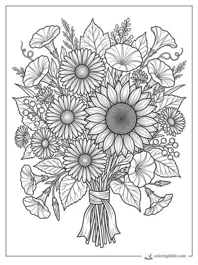Floral September bouquet coloring page with sunflower, daisies, morning glories, berries, and tied stems.
