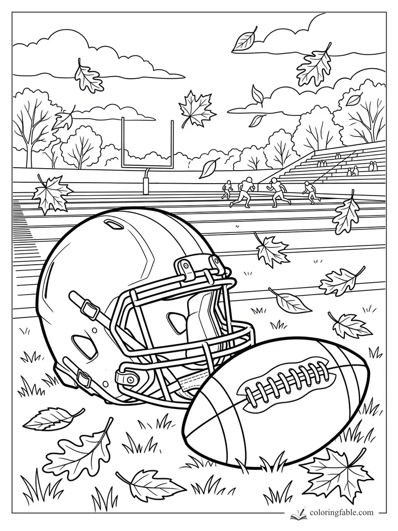 Football helmet and ball on a fall field with players, bleachers, goalposts, and drifting leaves.