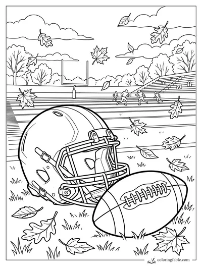 Football helmet and ball on a fall field with players, bleachers, goalposts, and drifting leaves.