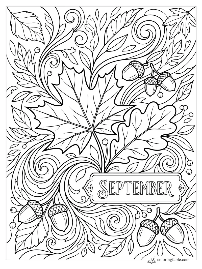September coloring page with maple and oak leaves, acorns, berries, and swirling autumn vines