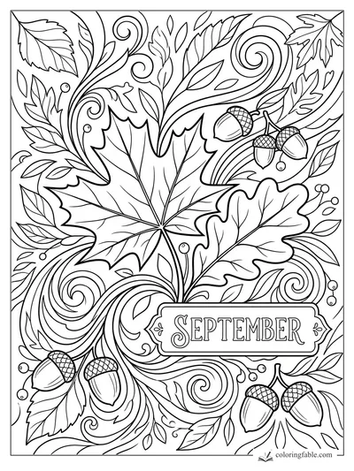 September coloring page with maple and oak leaves, acorns, berries, and swirling autumn vines