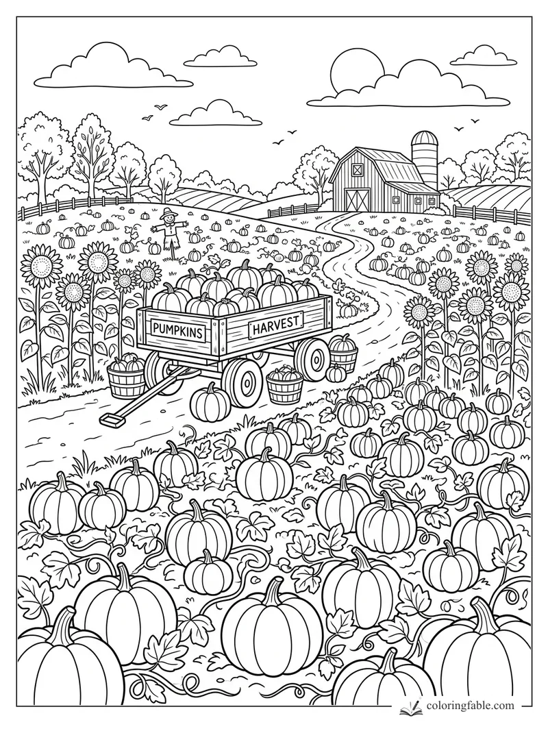 Pumpkin harvest wagon in a September farm field with sunflowers, scarecrow, barn, silo, clouds, and birds