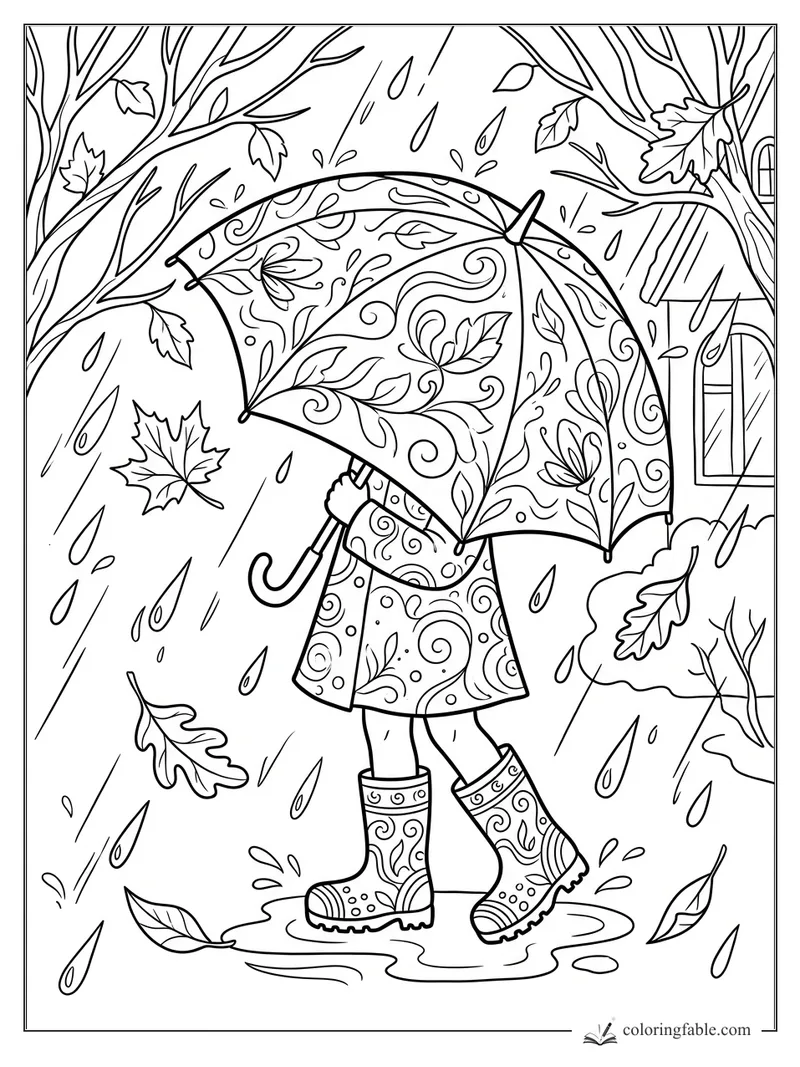 Child in patterned raincoat and boots under a floral umbrella, walking through September rain and leaves.