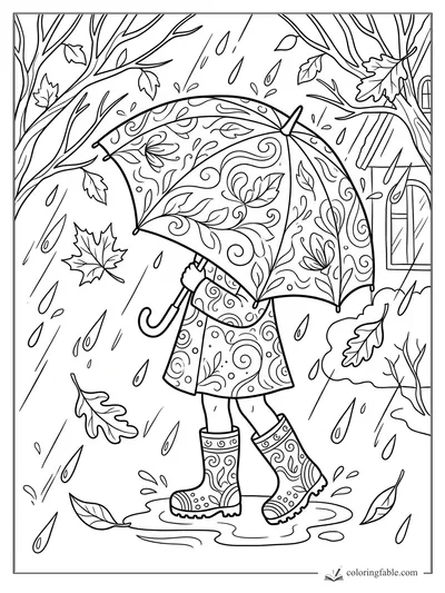 Child in patterned raincoat and boots under a floral umbrella, walking through September rain and leaves.