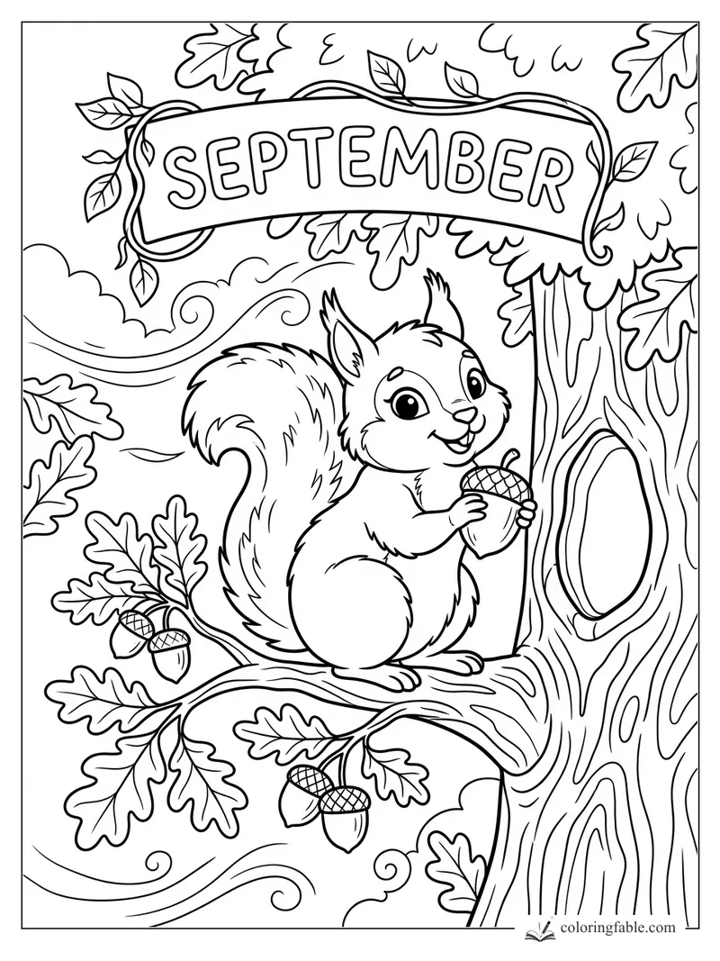 Cartoon squirrel holding an acorn on an oak branch under a September banner with leaves and wind swirls