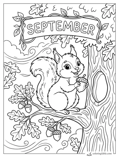 Cartoon squirrel holding an acorn on an oak branch under a September banner with leaves and wind swirls