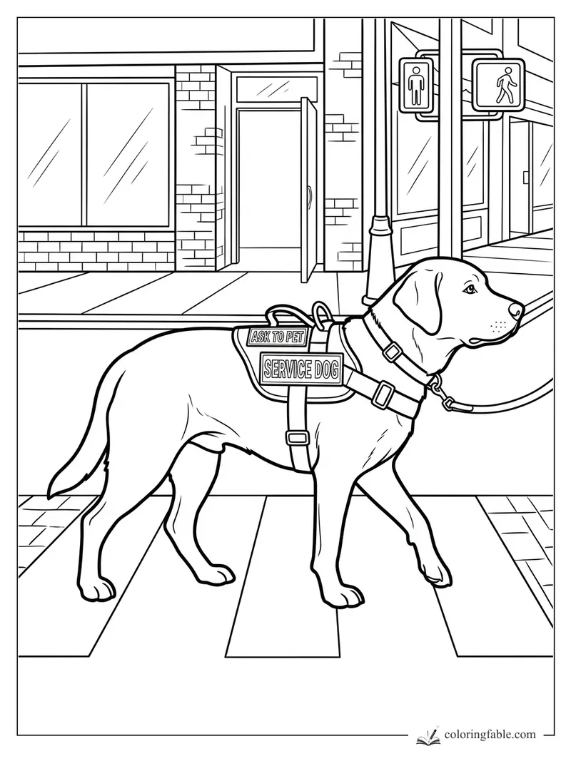 Service dog in harness on a city sidewalk near crosswalk signs and storefront doors