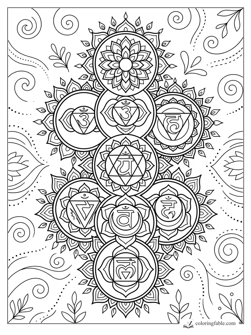 Intricate chakra mandala coloring page with seven symbol circles, lotus petals, spirals, leaves, and dotted swirls.