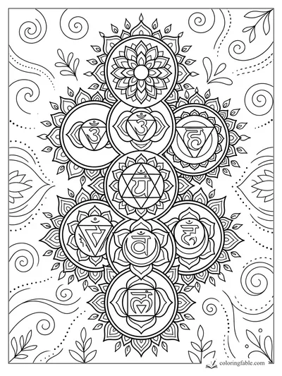 Intricate chakra mandala coloring page with seven symbol circles, lotus petals, spirals, leaves, and dotted swirls.