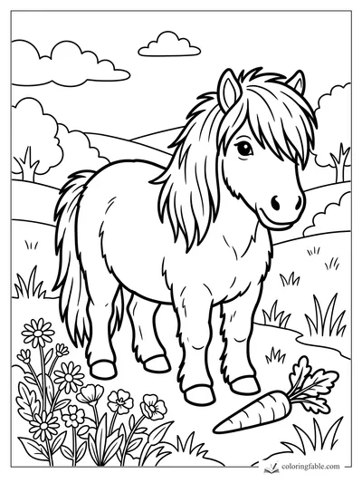 Smiling shaggy pony in a meadow with flowers, trees, clouds, and a carrot on the grass