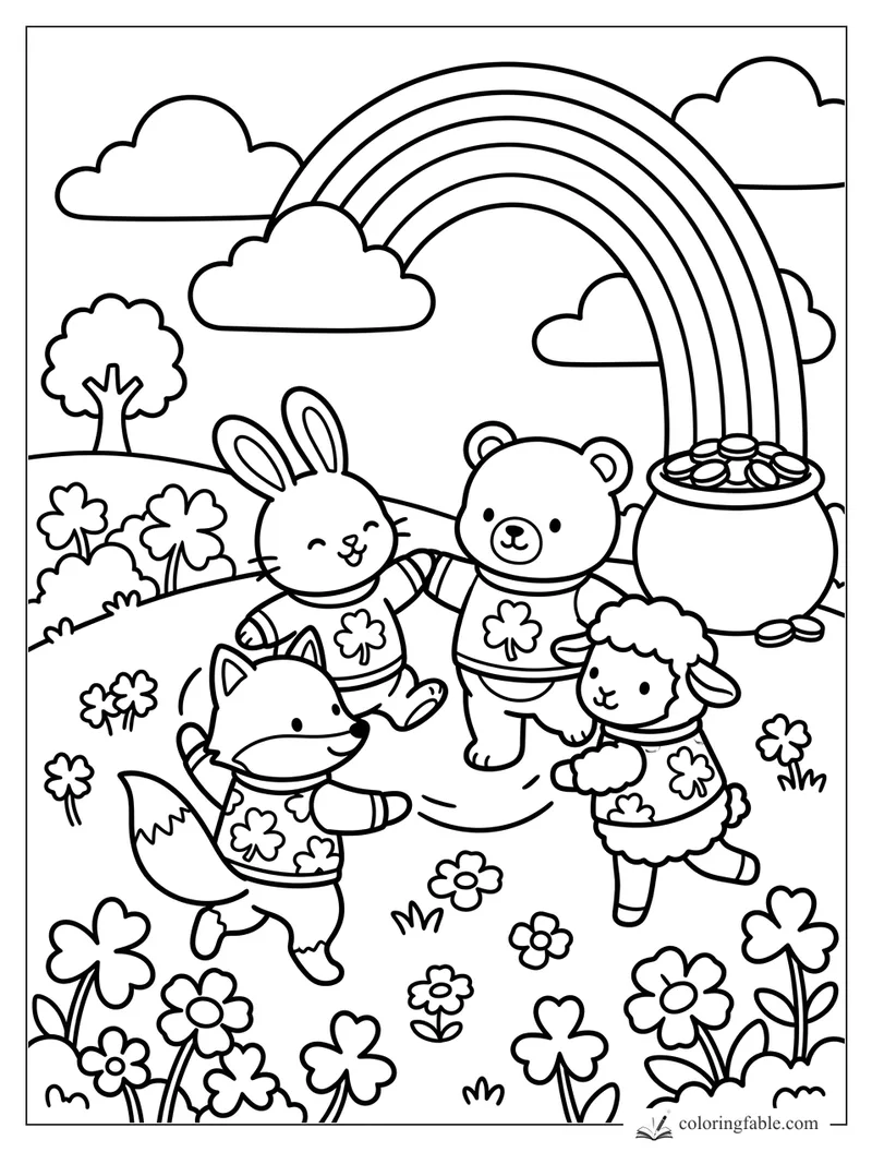 Bunny, bear, fox, and lamb dance in shamrock sweaters beside a rainbow pot of coins.