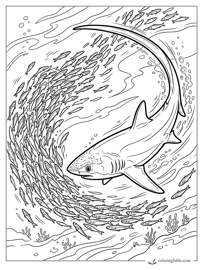 Shark swimming through a swirling school of small fish with bubbles, currents, and coral below