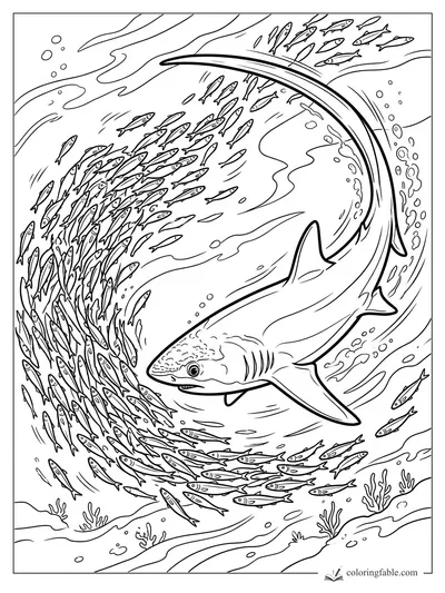 Shark swimming through a swirling school of small fish with bubbles, currents, and coral below