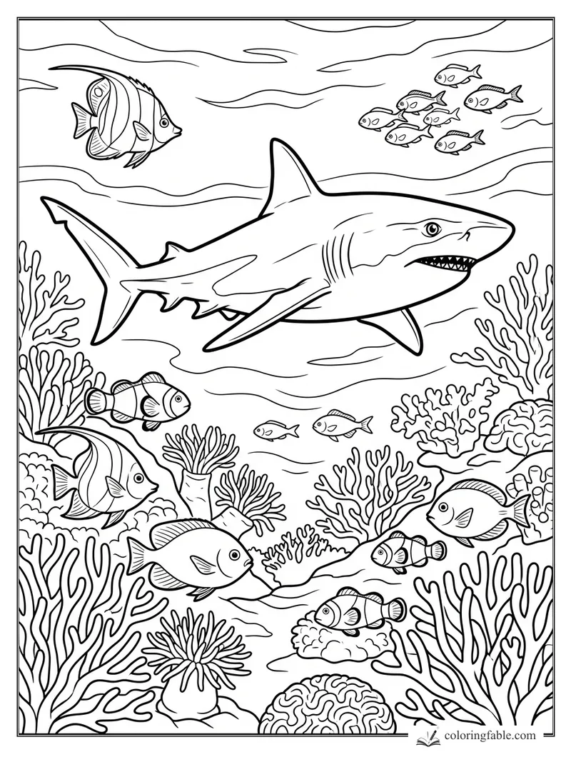 Large shark swimming past coral branches, striped reef fish, clownfish, and a small school of fish