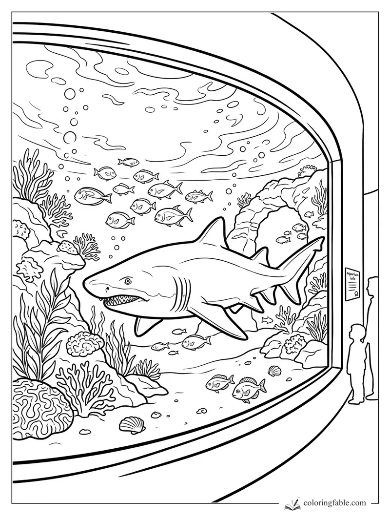 Large shark swimming in an aquarium tank with reef coral, small fish, bubbles, and two visitors watching