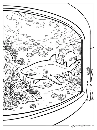 Large shark swimming in an aquarium tank with reef coral, small fish, bubbles, and two visitors watching