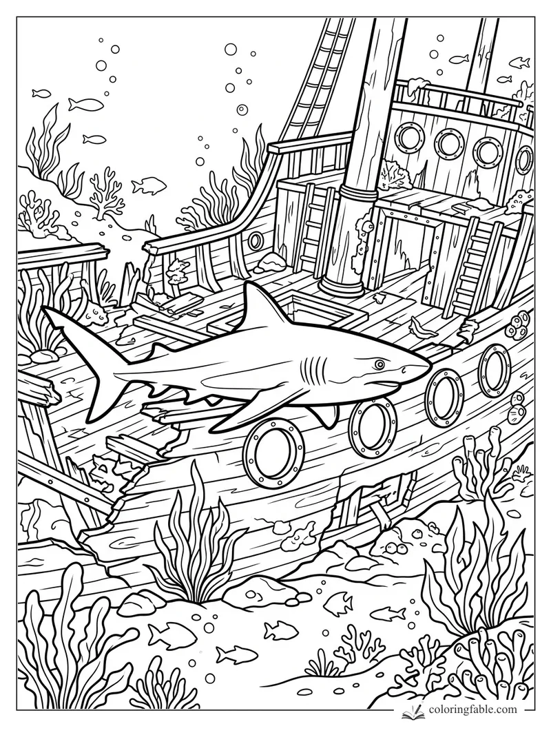 Shark swimming past portholes, broken planks, coral, fish, and bubbles in a sunken shipwreck