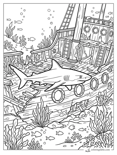 Shark swimming past portholes, broken planks, coral, fish, and bubbles in a sunken shipwreck