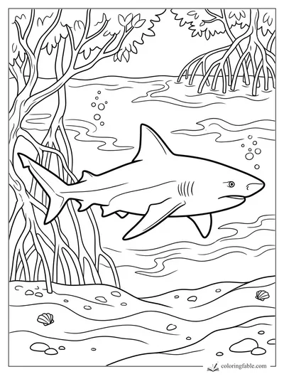 Shark swimming past mangrove roots, bubbles, shells, and sandy ripples underwater