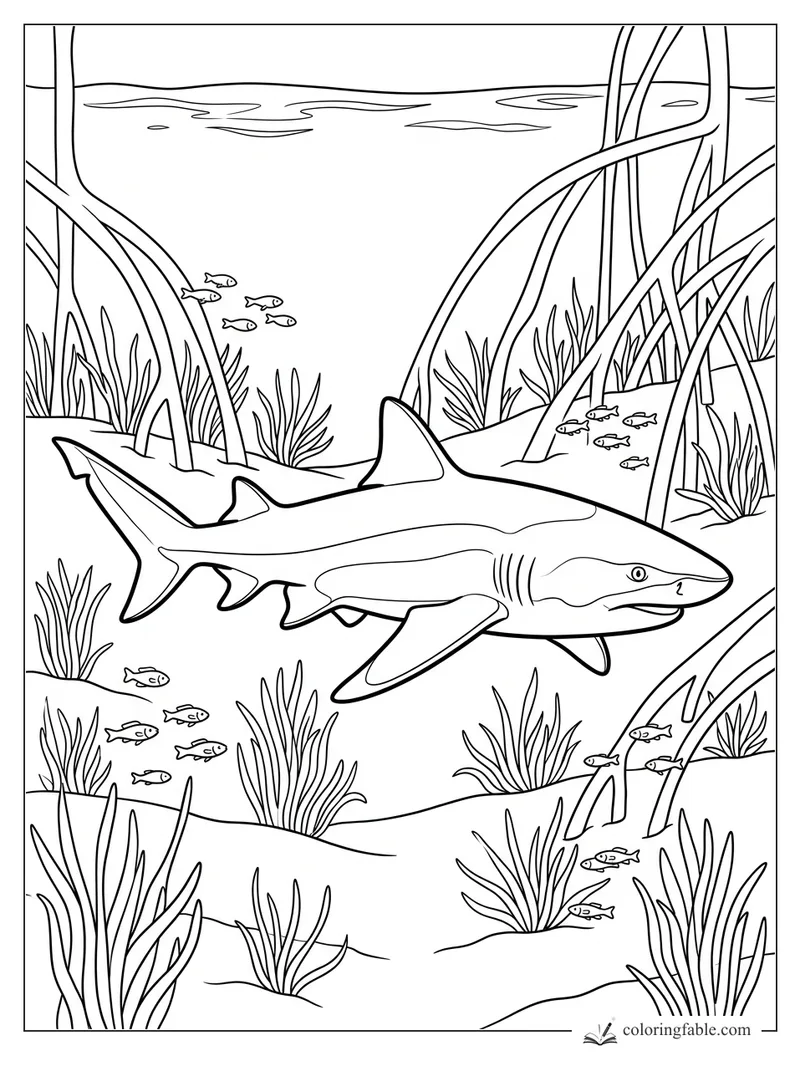 Shark swimming past tall seagrass roots with small fish in an underwater meadow