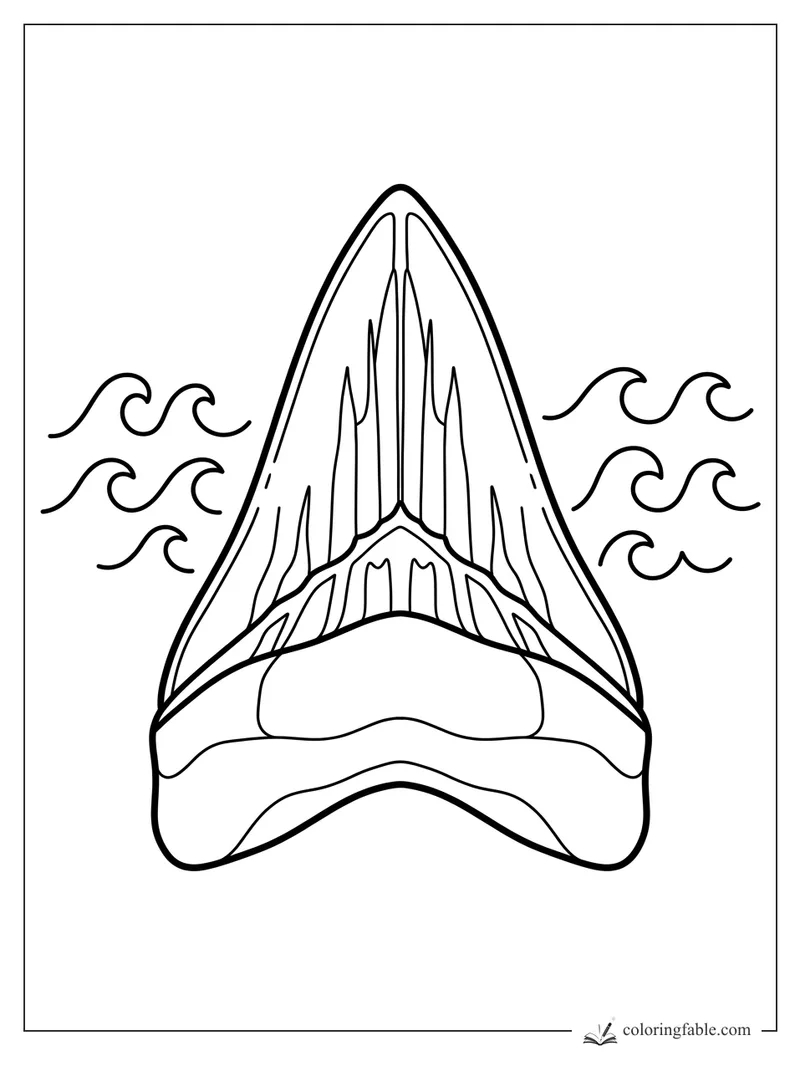 Front view of a shark’s wide open jaws with pointed teeth and curling ocean waves on both sides.