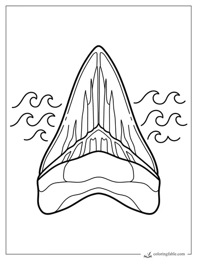 Front view of a shark’s wide open jaws with pointed teeth and curling ocean waves on both sides.