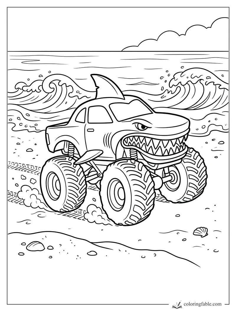 Cartoon shark monster truck with fin, teeth, giant tires, ocean waves, shells, and tire tracks on a beach.