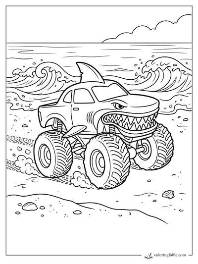 Cartoon shark monster truck with fin, teeth, giant tires, ocean waves, shells, and tire tracks on a beach.