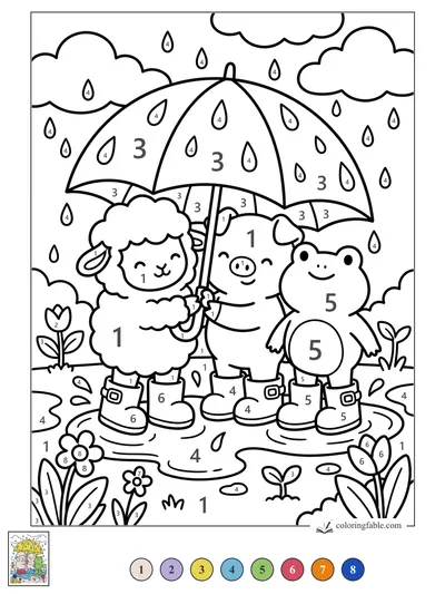 Sheep, Pig, and Frog Sharing a Rainy Umbrella — color by number