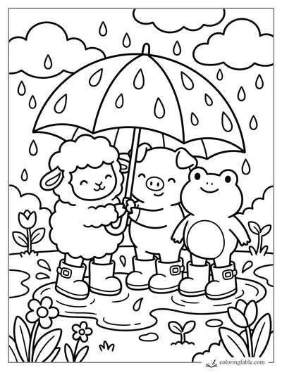 Cute sheep, pig, and frog in rain boots sharing an umbrella under clouds and raindrops.