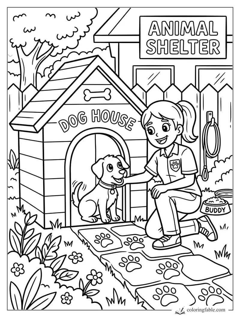 Girl kneels by Buddy the dog in a dog house at an animal shelter with paw-print stepping stones.