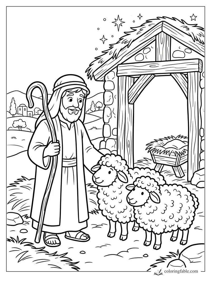 Cartoon shepherd with two sheep beside a wooden manger stable under Christmas stars