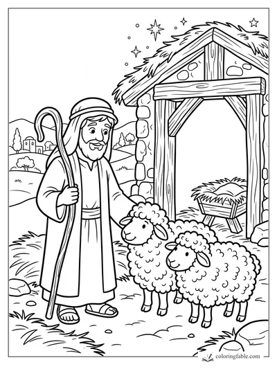 Cartoon shepherd with two sheep beside a wooden manger stable under Christmas stars
