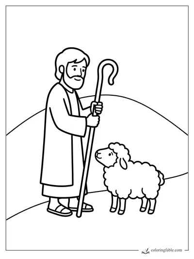 Minimalist Bible coloring page of a shepherd holding a curved staff beside a fluffy lamb on hills.