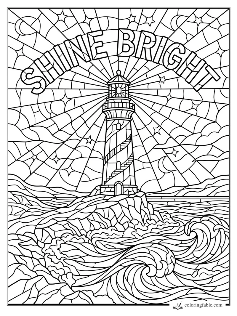 Stained-glass lighthouse coloring page with SHINE BRIGHT lettering, stars, moons, rocky coast, and curling waves