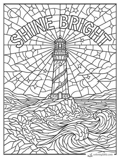 Stained-glass lighthouse coloring page with SHINE BRIGHT lettering, stars, moons, rocky coast, and curling waves
