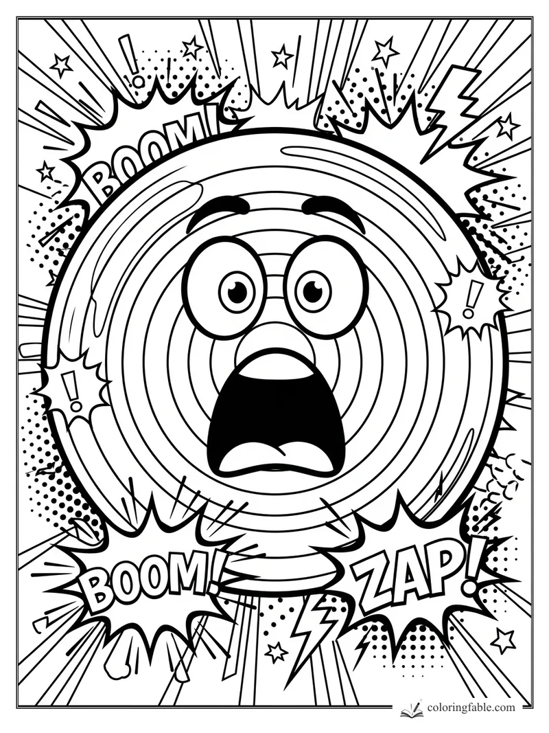 Pop-art spiral candy face with wide eyes, BOOM and ZAP bursts, lightning bolts, stars, and halftone dots.
