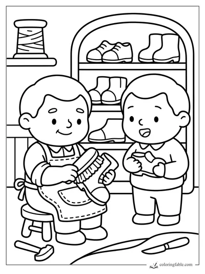 Cozy shoe shop coloring page with a smiling cobbler brushing a boot for a happy child.