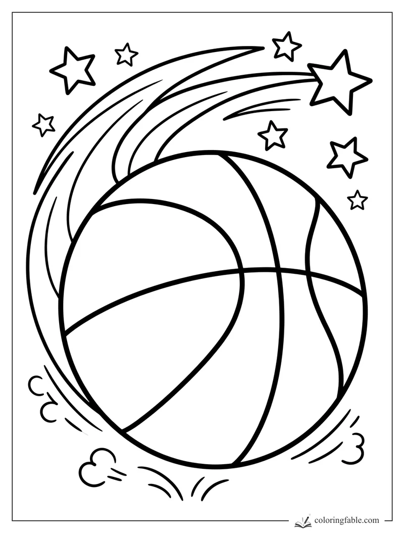 Easy coloring page of a basketball zooming past stars with big swoosh lines and dust puffs.