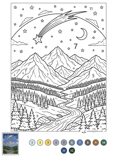 Shooting Star Over Moonlit Mountain Valley — color by number