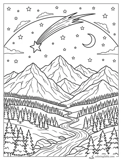 Shooting star streaking over mountains, pine forest, winding river, crescent moon, clouds, and small stars.