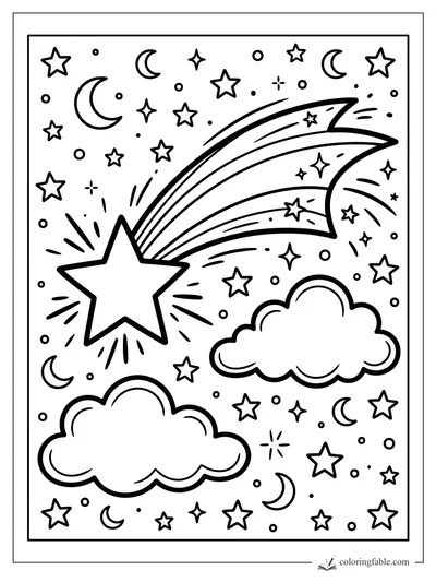 Easy shooting star coloring page with moons, clouds, sparkles, and many small stars