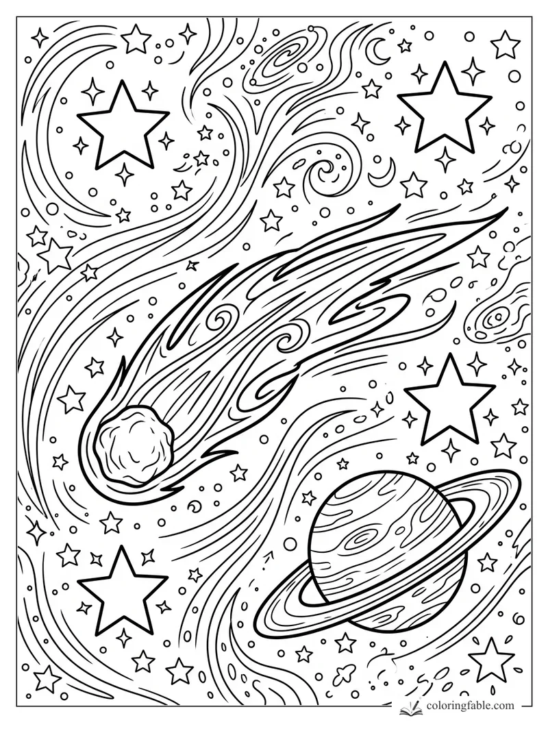 Cartoon shooting star streaking past planets, spiral galaxies, moons, and scattered stars