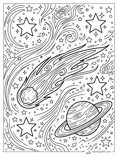 Cartoon shooting star streaking past planets, spiral galaxies, moons, and scattered stars
