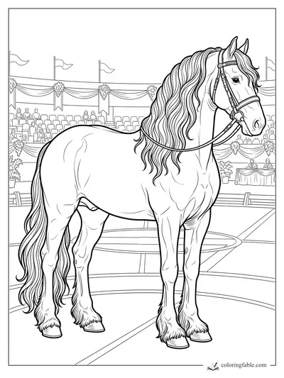 Realistic show horse with long mane in decorated arena with flags, ribbons, judges, and spectators