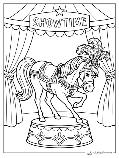 Vintage circus horse with feathered headpiece under a Showtime sign on stage