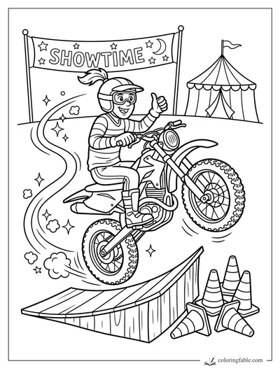 Cartoon motorcycle stunt rider giving a thumbs-up while jumping a ramp under a SHOWTIME banner