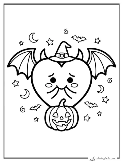 Cute heart with bat wings, witch hat, moons, stars, bats, and jack-o’-lantern coloring page